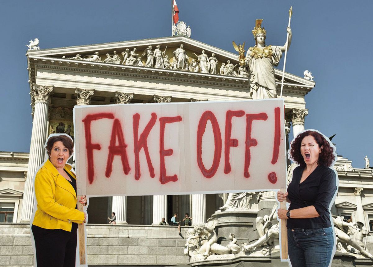Magda Leeb und Anita Zieher vorm Parlament, Fake Off!, TAG Theater